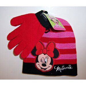 Disney MINNIE MOUSE Knit HAT BEANIE Cap & GLOVES SET Pink Red Black Sparkle NEW!